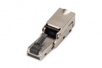 Ficha de terminação de campo RJ45 CAT 6A STP angulada Digitus (DN-93636). Montagem em 60s sem ferramentas, blindagem 360°, ideal para espaços reduzidos e 10G.