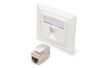 Digitus DN-93811-1: painel 50×50mm branco RAL9003 com 1× keystone DN-93615-S, 10 Gbps, 360°, PoE/PoE+/4PPoE, tampa anti-pó, terra, -20°C a +70°C.