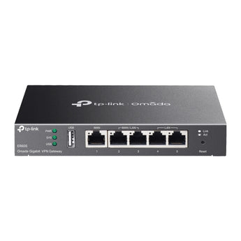 Router TP-Link ER605 Omada com 5 portas Gigabit, suporte Multi-WAN (até 3 WANs + USB 4G/3G), VPNs seguras (IPsec/OpenVPN/WireGuard) e gestão Cloud.