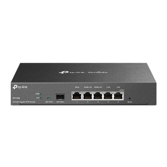 Router profissional TP-Link ER7206 com integração Omada SDN. Suporta até 4 portas WAN Gigabit (incluindo SFP), VPNs seguras (IPsec/OpenVPN) e gestão 100% Cloud.
