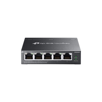Switch TP-Link Omada ES205GP de 5 portas Gigabit (4 PoE+ com budget de 65W). Design fanless, gestão centralizada na nuvem e transmissão PoE até 250m.