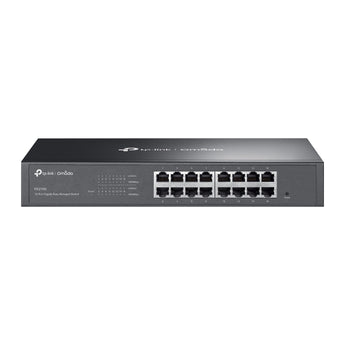 Switch TP-Link ES216G com 16 portas Gigabit. Instalação Plug-and-Play, gestão centralizada Omada SDN, design metálico silencioso (Fanless) e proteção contra picos de 6kV.