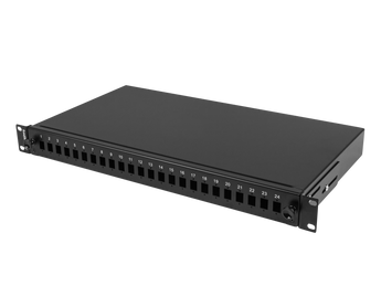 Painel de fibra ótica Lanberg FOP1-24SS-LDB (1U, 19"). Capacidade para 24 portas SC Simplex ou LC Duplex. Gaveta deslizante, 2 tabuleiros de emenda e estrutura em aço.