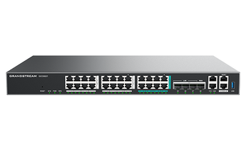 Solução "tudo-em-um" da Grandstream. O GCC6021 integra Router 10G, NGFW, IP PBX (200 utilizadores) e um switch com 24 portas PoE/PoE+/PoE++. - GCC6021