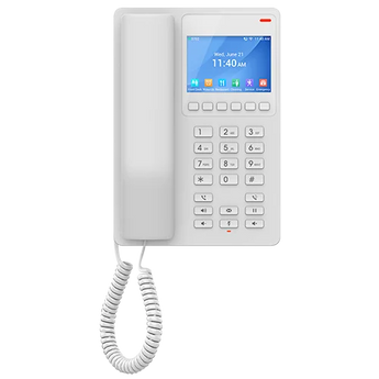 Telefone IP compacto Grandstream GHP630W para hotéis. Ecrã LCD a cores de 3.5", Wi-Fi 6 Dual-Band, 2 contas SIP, áudio HD e porta USB-C para carregamento.