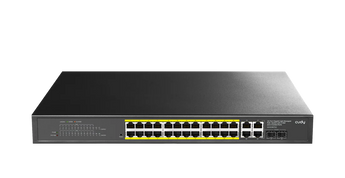 Cudy GS1028PS2. Switch Rackmount 24 Portas Gigabit PoE+ (30W/porta). Potência total 300W. 2x Uplinks RJ45 + 2x Combo SFP. Gestão L2 (VLAN, QoS). Ventilação Inteligente. - GS1028EPS2