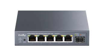 Cudy GS105ES1. Switch Smart Gigabit de 5 portas RJ45 + 1 Slot SFP 1.25G. Gestão via Web (VLAN, QoS, IGMP Snooping). Caixa metálica compacta. - GS105ES1