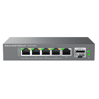 Switch não gerido de 5 portas Multi-Gigabit 2.5G e 1 porta 10G SFP+. O GWN7700MP oferece 4 portas PoE+ com um orçamento de 57W e um design silencioso. - GWN7700MP