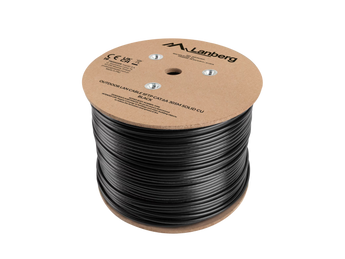 Rolo de cabo de rede exterior Lanberg LCS6-21CU-0305-BK. Bobina de 305m, Cat 6A S/FTP em puro Cobre (CU) sólido AWG23. Revestimento PE anti-intempéries.