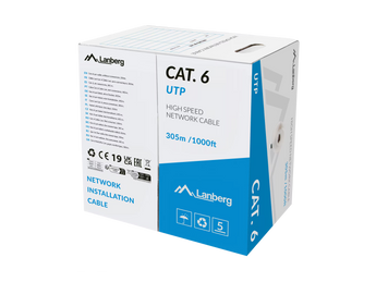 Rolo de cabo de rede Lanberg LCU6L-11CU-0305-S (305m). Cat 6 U/UTP em puro Cobre (CU) AWG 23. Revestimento LSZH seguro (Euroclass Dca). Cor cinzento.