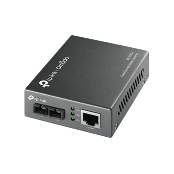 TP-Link MC100CM: conversor RJ45 10/100 Mbps para fibra multimodo SC/UPC a 1310 nm, até 2 km. Inclui adaptador de alimentação.