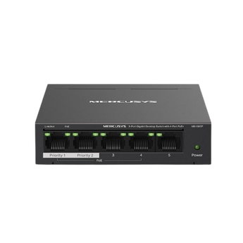 Switch Gigabit 5 Portas Mercusys MS105GP. 4 Portas PoE+ (65W). Recuperação Automática PoE, Modo Extend (250m) e Isolamento. Caixa metálica robusta. - MS105GP