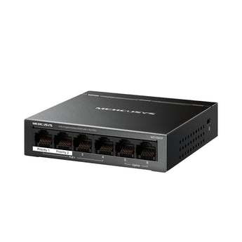 Switch Mercusys MS106GP com 6 portas Gigabit, incluindo 4 portas PoE+ (65W). Modos Extend (250m), Isolation, PoE Auto Recovery e chassi em metal compacto.