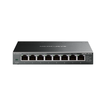 Switch Mercusys MS108GS-M2. 8 portas de 2.5 Gbps para desempenho Multi-Gigabit extremo (40 Gbps). Design metálico silencioso (fanless), Plug and Play e Prevenção de Loop.