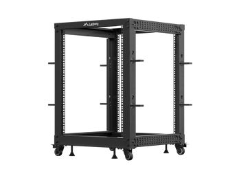 Open Rack Lanberg 19" 15U (OR01-6115-B). Estante aberta em cinzento com profundidade ajustável (até 1033mm) e capacidade para 600kg. Inclui rodas e pernas.