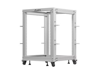 Open Rack Lanberg 19" 15U (OR01-6115-S). Estante aberta em cinzento com profundidade ajustável (até 1033mm) e capacidade para 600kg. Inclui rodas e pernas.