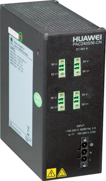 Fonte de alimentação Huawei eKit PAC240S56-CN com 240W e saída de 56V DC. Design sem ventoinhas (fanless), entrada AC/HVDC e proteções de sistema avançadas.