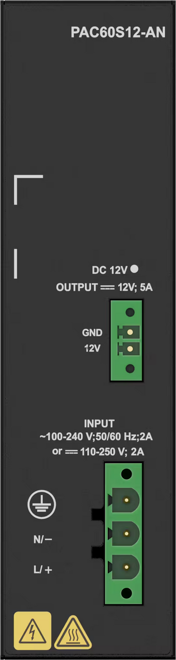 Fonte de alimentação Huawei PAC60S12-AN com 60W de potência e saída de 12V DC. Design sem ventoinhas (fanless), entrada AC/HVDC e proteções avançadas.
