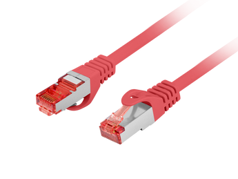 Patchcord Lanberg Cat. 6 S/FTP (1 metro). Fio 100% Cobre (CU), revestimento LSZH e cor vermelho para fácil identificação em bastidores. Suporta redes Gigabit.