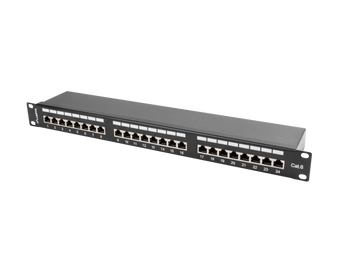 Patch Panel Lanberg PPS6-1024-B de 24 portas Cat 6. Formato 19" 1U, estrutura metálica preta com blindagem, suporte de cabos integrado e blocos IDC/LSA.