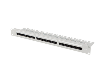 Patch Panel Lanberg Cat. 6A U/UTP de 24 portas (19", 1U). Frequência 500MHz (10Gbps), inclui prateleira de gestão de cabos e terminação LSA. Cor Cinzenta.