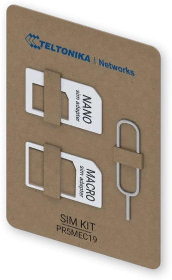 O Kit Adaptador SIM Teltonika PR5MEC19 converte cartões Nano e Micro SIM. Inclui adaptadores em PVC, agulha em aço inoxidável e embalagem ecológica.