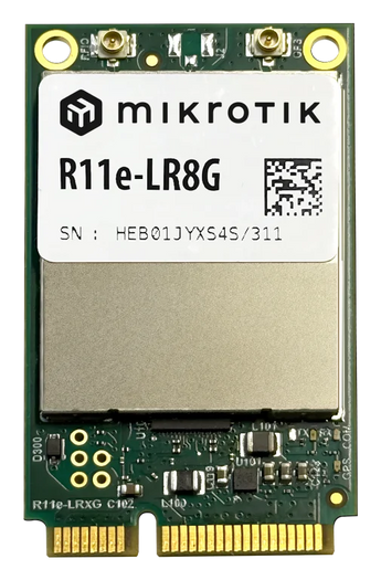 MikroTik R11e-LR8G: módulo LoRa® miniPCIe 868 MHz com GPS integrado (uUFL), sensibilidade Rx melhorada, -40°C a 70°C, CE/RoHS, para redes IoT e LoRaWAN.