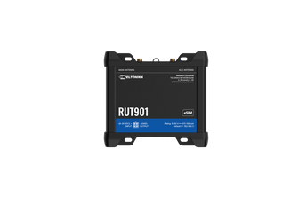 O router industrial Teltonika RUT901 (versão eSIM)oferece conectividade 4G LTE Cat 4 (150 Mbps), Wi-Fi 4, failover automático de WAN e Dual SIM, e 4 portas Ethernet 10/100.