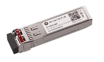 Par de módulos SFP+ de nível industrial MikroTik S+2733LC10D para ligações de 10G. Suporta fibra de modo único até 10 km com diagnósticos DDM integrados.