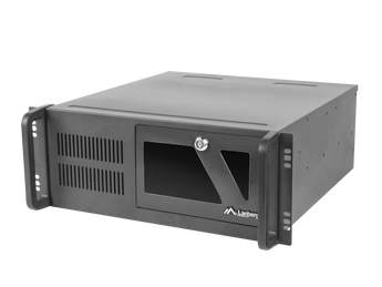 Chassi de servidor Rackmount Lanberg 4U (SC01-4504-10B). Profundidade 450mm, chapa de 1mm, suporta 8 discos (7x 3.5" + 1x 2.5"), 3 ventoinhas e motherboards ATX.