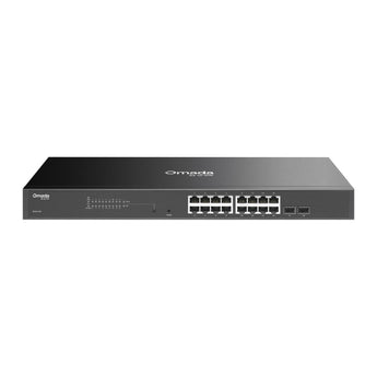 O switch gerível TP-Link SG2218P oferece 16 portas Gigabit PoE+ (budget 150W), 2 slots SFP e operação 100% silenciosa (fanless). Integração total Omada SDN.