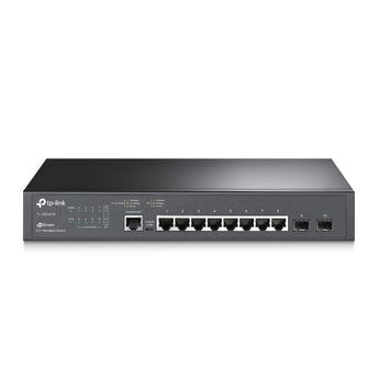 Switch TP-Link SG3210 (TL-SG3210) integrável em Omada SDN. 8 portas RJ45 Gigabit, 2 slots SFP, roteamento estático (L2+), segurança avançada e design fanless.