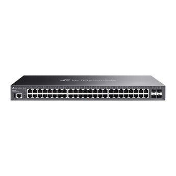 TP-Link SG5452XF: switch L3 48 portas Gigabit, 4x SFP+ 10G, empilhamento até 4 unidades, 176 Gbps, RIP/OSPF, ERPS, fanless, Omada SDN.