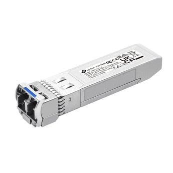 Módulo transcetor ótico TP-Link SM6110-LR. Suporta duplo rácio (25G e 10G), cabo de fibra Single-Mode (1310nm), alcance até 10 km e monitorização DDM.