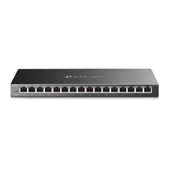 Switch TP-Link TL-SG116E de 16 portas Gigabit. Gestão inteligente (Web UI), Plug and Play, caixa metálica silenciosa (Fanless) e suporte avançado para VLAN e QoS.