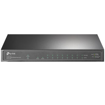 Switch TP-Link TL-SG1210P de 10 portas Gigabit (incluindo 1 slot SFP). 8 Portas PoE+ com 63W de budget para alimentar câmaras e APs. Plug and Play e Fanless.