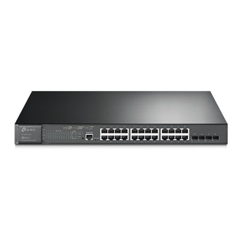 TP-Link TL-SG3428MP: switch Gigabit com 24 portas PoE+, orçamento de 384 W, 4 SFP, gestão Omada SDN, VLANs e encaminhamento estático.