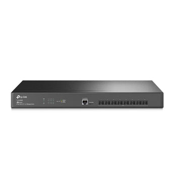 Switch de agregação TP-Link TL-SX3008F. Equipado com 8 slots 10G SFP+ (160 Gbps), roteamento estático, gestão Cloud Omada SDN e design silencioso (Fanless).