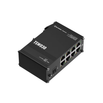 Switch industrial Teltonika TSW040 de 8 portas (10/100 Mbps). Suporta PoE+ em todas as portas (240W totais), montagem DIN Rail e resiste de -40°C a 75°C.