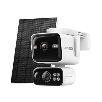 Kit câmara de vigilância sem fios TP-Link Tapo C675D com painel solar. Dupla lente 4K (Fixa + PTZ), deteção IA avançada e visão noturna a cores Starlight.