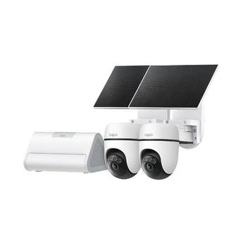 Sistema de segurança sem fios TP-Link Tapo HB112. Inclui 2 câmaras 2K Pan/Tilt, painéis solares e Tapo CentralHub com IA e 16 GB de armazenamento local.