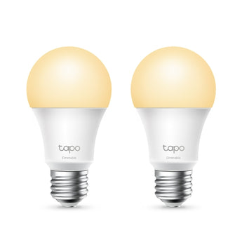 Pack 2x Tapo L510E: lâmpadas LED WiFi E27, 806 lm, 2700K, dimmable, sem hub, Alexa & Google Home, agendamentos, modo Ausente e WPA3. 8.3W por lâmpada.