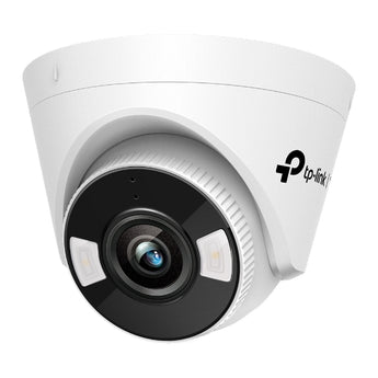 A câmara TP-Link VIGI C450 (2.8mm) oferece resolução de 5MP, visão a cores 24h, analítica IA, áudio bidirecional, defesa ativa e gravação em cartão MicroSD.