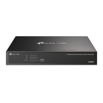 O gravador TP-Link VIGI NVR1008H-8MP de 8 canais oferece resolução 4K, 8 portas PoE+ (113W), 1 baía SATA até 16TB e compressão H.265+ para a sua segurança.