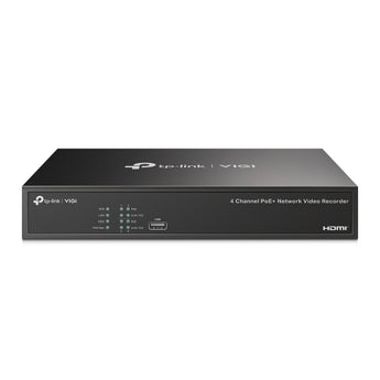 Gravador de Vídeo TP-Link VIGI NVR1004H-4P. Suporta 4 câmaras IP com alimentação direta PoE+ (53W), saída de vídeo 4K HDMI e disco até 10TB. Compressão H.265+.