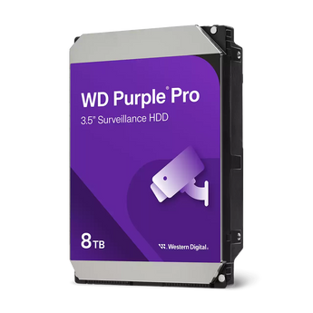 Disco Rígido WD Purple Pro 8TB (WD8002PURP) SATA 3.5". Otimizado para IA e analítica de vídeo, suporta até 64 câmaras, carga de 550TB/ano e tecnologia CMR.