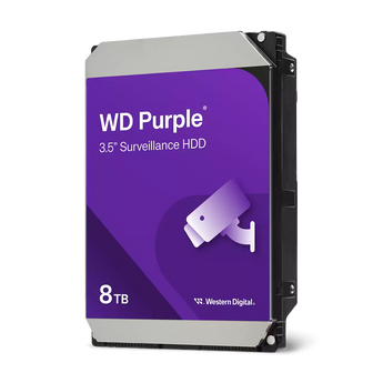 Disco WD Purple 8TB (WD85PURZ): HDD 3.5" SATA 6Gb/s, 128MB cache, CMR, AllFrame™, até 64 câmaras HD, 180TB/ano workload. Ideal para DVR e NVR 24/7.