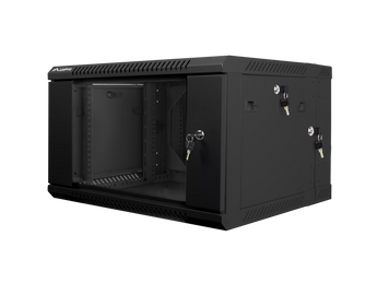 Armário bastidor de parede Lanberg 6U 600x600 de secção dupla (WF02-6606-10B). Porta em vidro temperado, auto-montagem (Flat Pack) e suporte até 60 kg.
