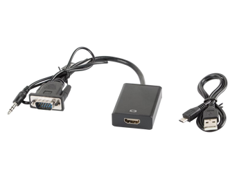 Lanberg AD-0021-BK: cabo adaptador VGA macho e Mini Jack 3,5 mm macho com HDMI fêmea, 20 cm, preto e resolução máxima de 1920×1080 px.