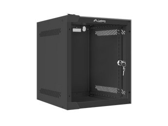 Bastidor de parede Lanberg WF10-2306-10B, 10" 6U, porta em vidro temperado, leve e compacto. Ideal para pequenas instalações de rede e armários técnicos.